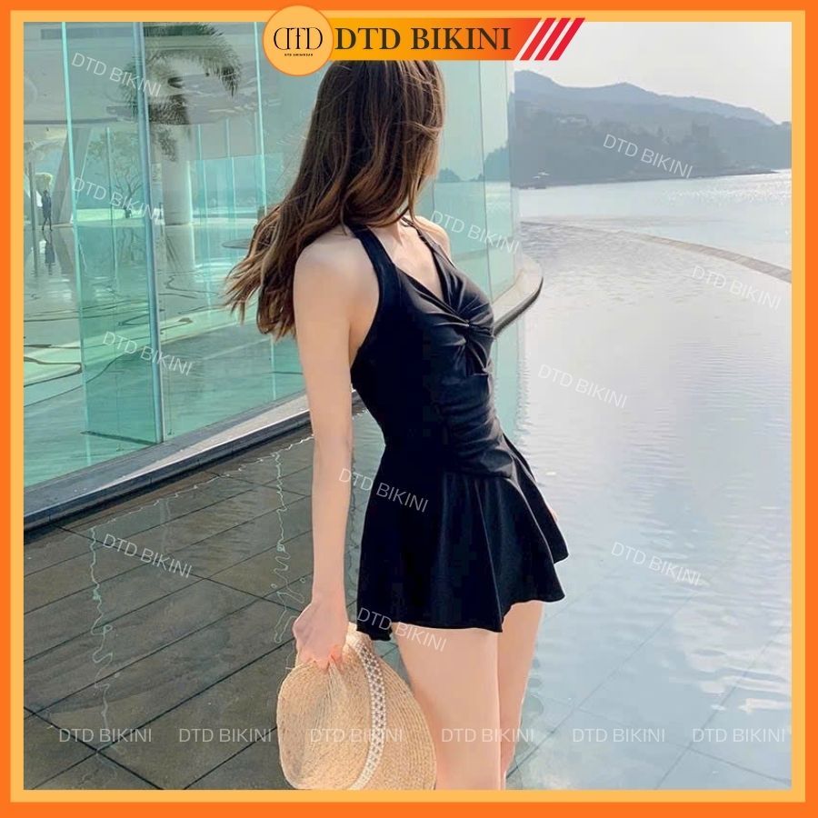Đồ bơi áo tắm bikini liền thân hai dây váy xoè khoét eo màu đen che khuyết điểm đi biển V04