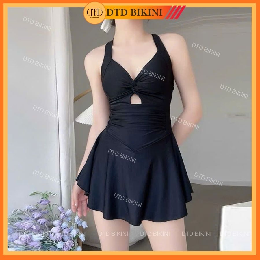 Đồ bơi áo tắm bikini liền thân hai dây váy xoè khoét eo màu đen che khuyết điểm đi biển V04