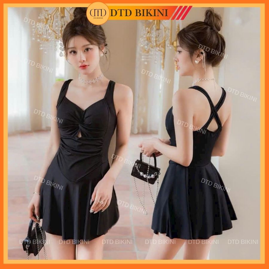 Đồ bơi áo tắm bikini liền thân hai dây váy xoè khoét eo màu đen che khuyết điểm đi biển V04