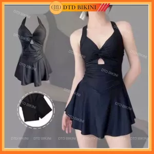 Đồ bơi áo tắm bikini liền thân hai dây váy xoè khoét eo màu đen che khuyết điểm đi biển V04