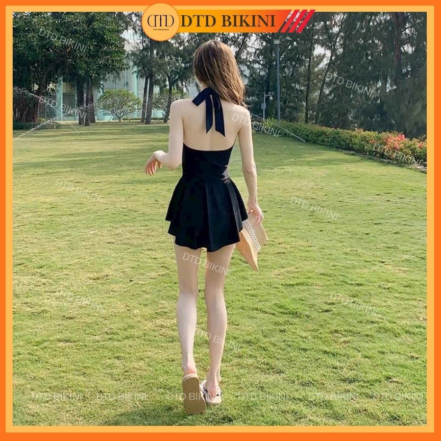 Đồ bơi áo tắm bikini liền thân hai dây váy xoè khoét eo màu đen che khuyết điểm đi biển V04