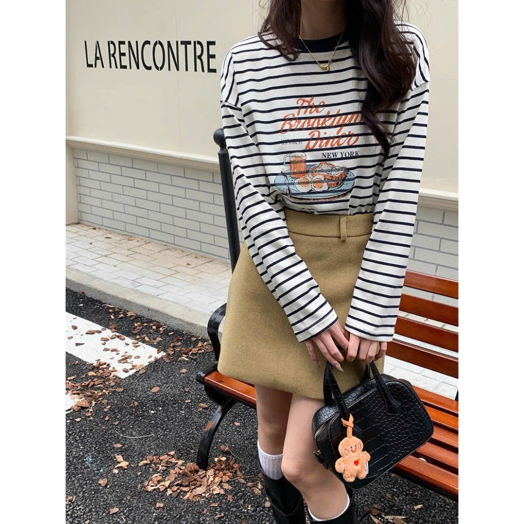 Áo thun tay dài nữ mặc Thu Đông, họa tiết kẻ sọc ngang in hình dể thương JULY FASHION, Áo thun nữ dài tay dáng rộng