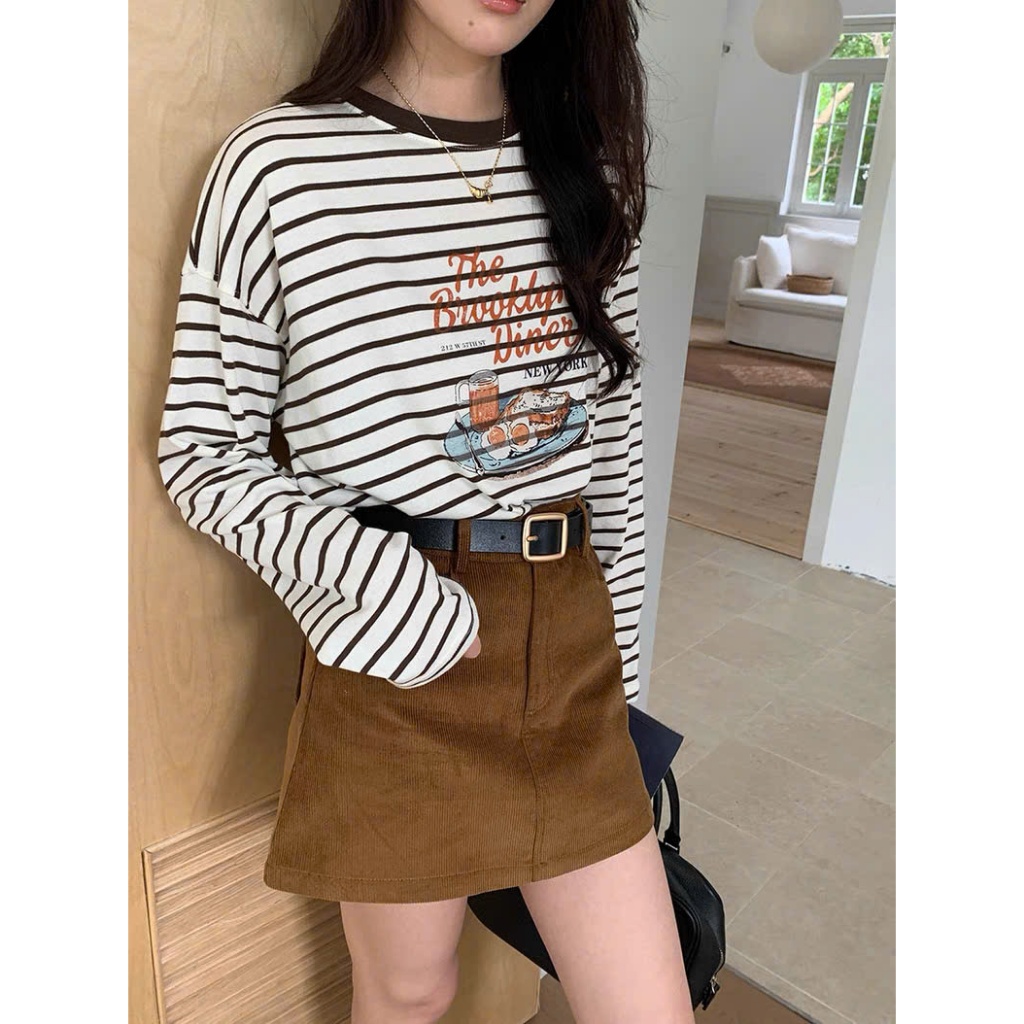 Áo thun tay dài nữ mặc Thu Đông, họa tiết kẻ sọc ngang in hình dể thương JULY FASHION, Áo thun nữ dài tay dáng rộng