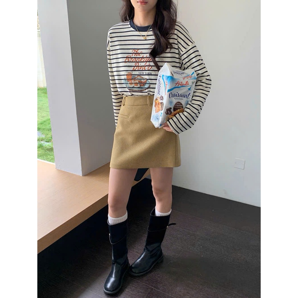 Áo thun tay dài nữ mặc Thu Đông, họa tiết kẻ sọc ngang in hình dể thương JULY FASHION, Áo thun nữ dài tay dáng rộng