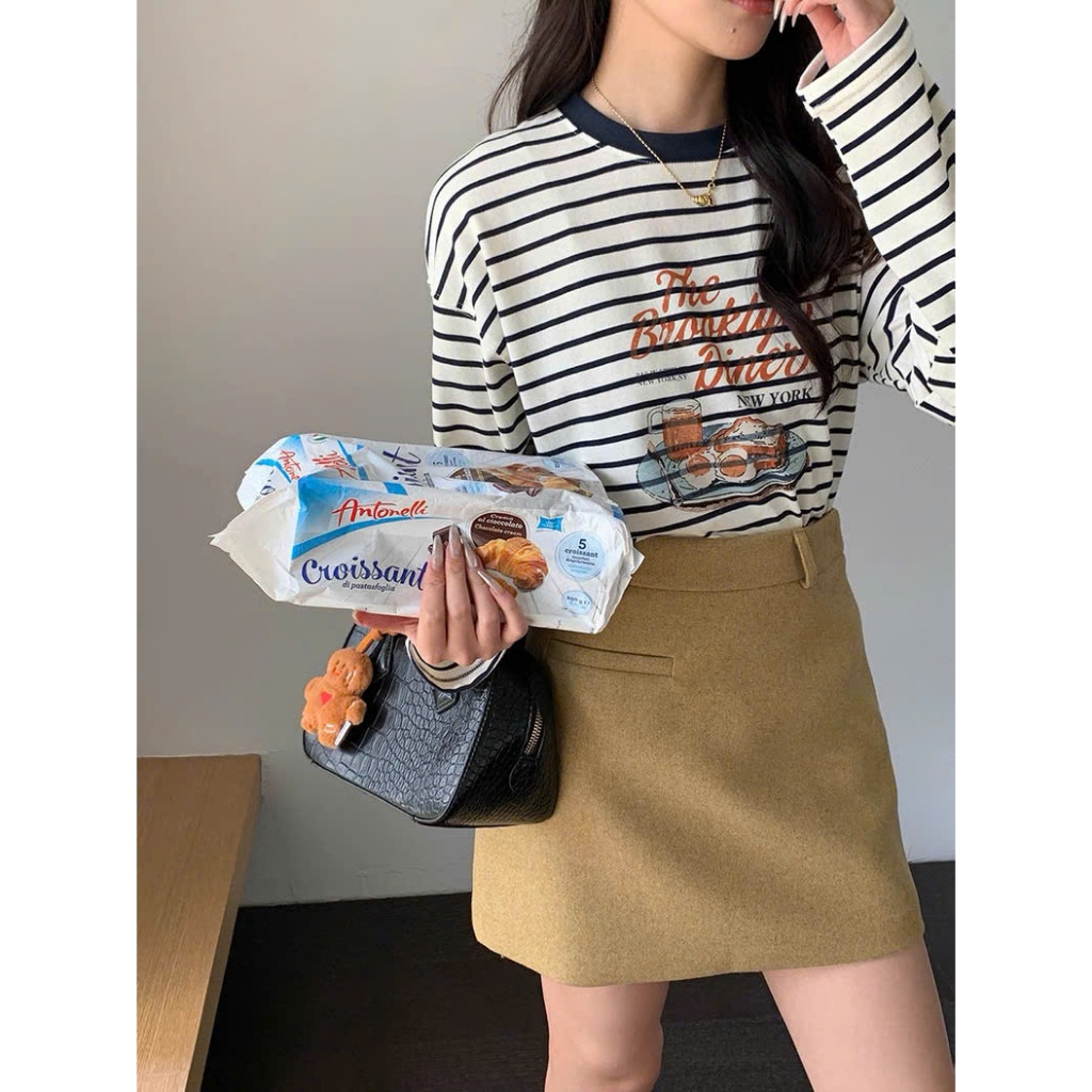 Áo thun tay dài nữ mặc Thu Đông, họa tiết kẻ sọc ngang in hình dể thương JULY FASHION, Áo thun nữ dài tay dáng rộng