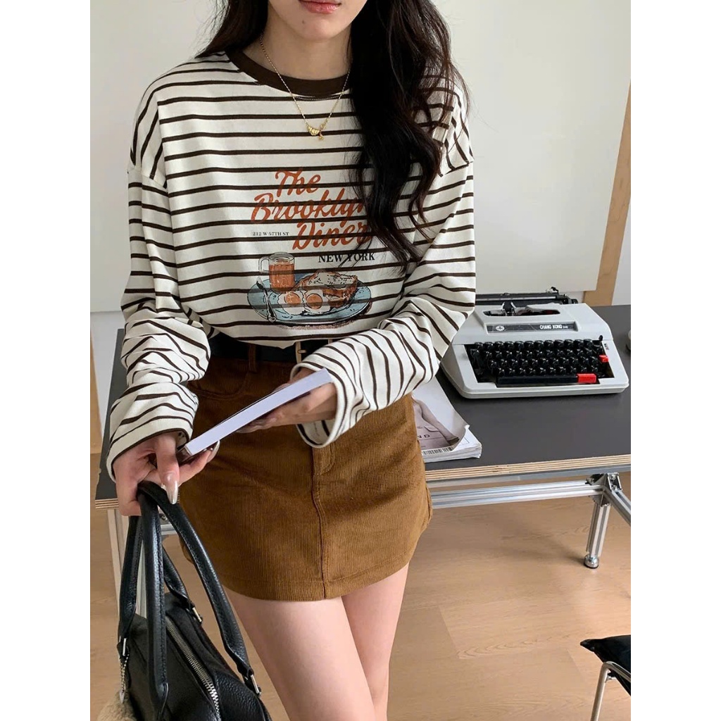 Áo thun tay dài nữ mặc Thu Đông, họa tiết kẻ sọc ngang in hình dể thương JULY FASHION, Áo thun nữ dài tay dáng rộng