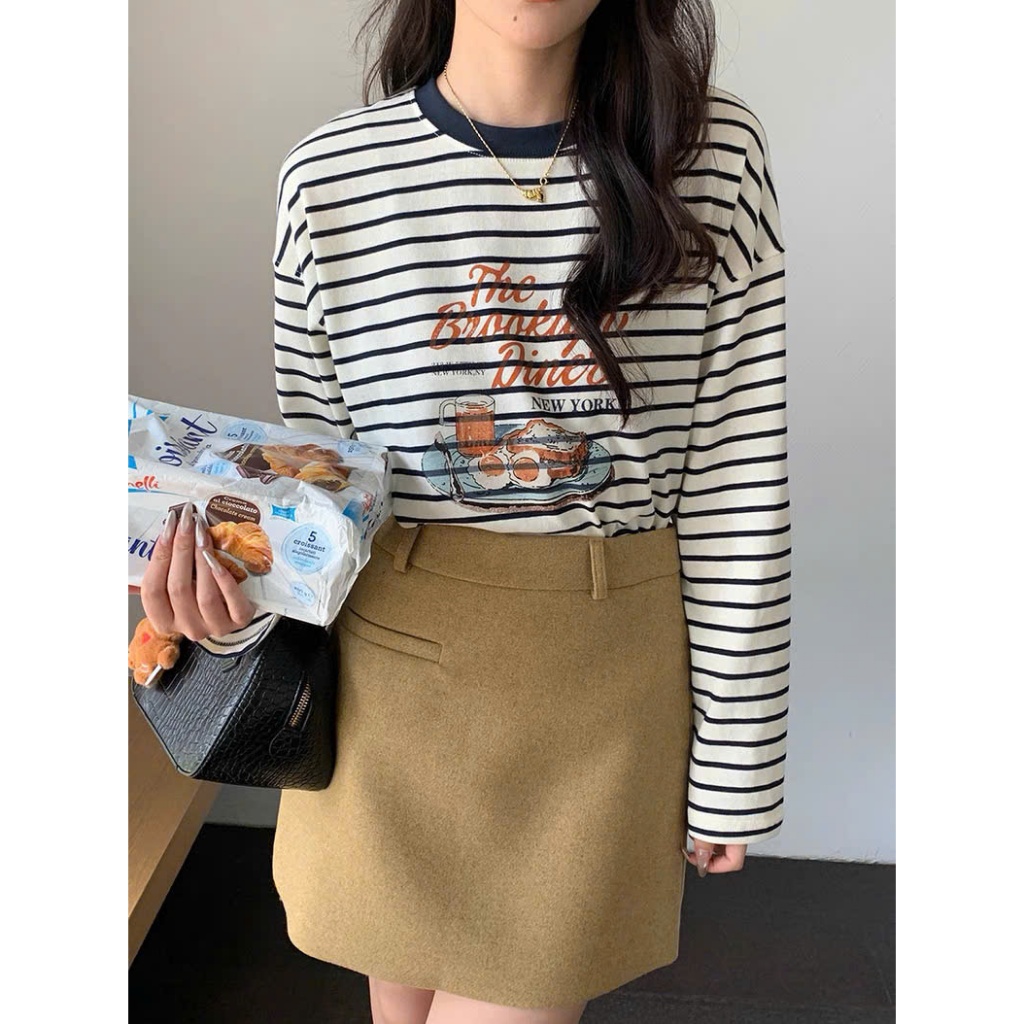 Áo thun tay dài nữ mặc Thu Đông, họa tiết kẻ sọc ngang in hình dể thương JULY FASHION, Áo thun nữ dài tay dáng rộng