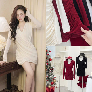 SEP House - Đầm tiệc thun ôm body tay dài cổ V nhún tà lệch cách điệu 3 màu sang trọng, quyến rũ - Hàng loại 1