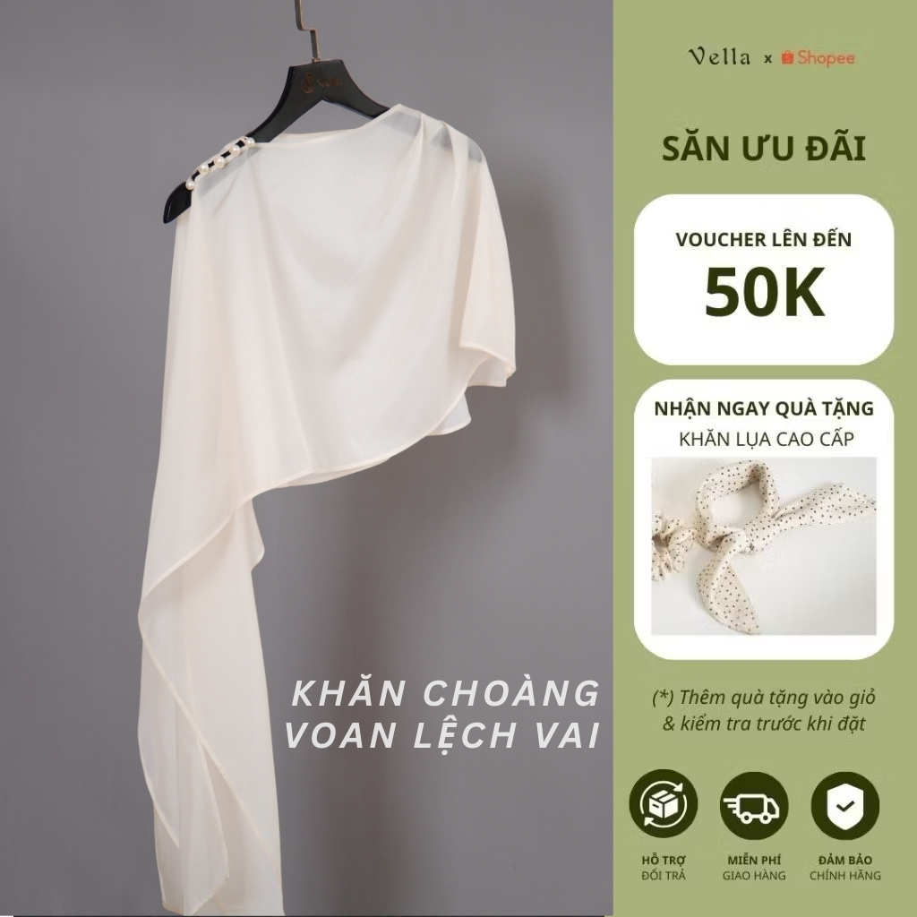 Khăn choàng voan, áo choàng voan lệch vai thời trang cao cấp dự tiệc màu KEM TRẮNG ĐEN VPK-KVLV