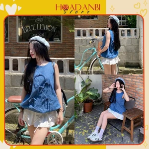 Set áo ba lỗ kèm chân váy xếp li dáng ngắn đính nơ phong cách tiểu thư, Set đồ đi chơi Hàn Quốc