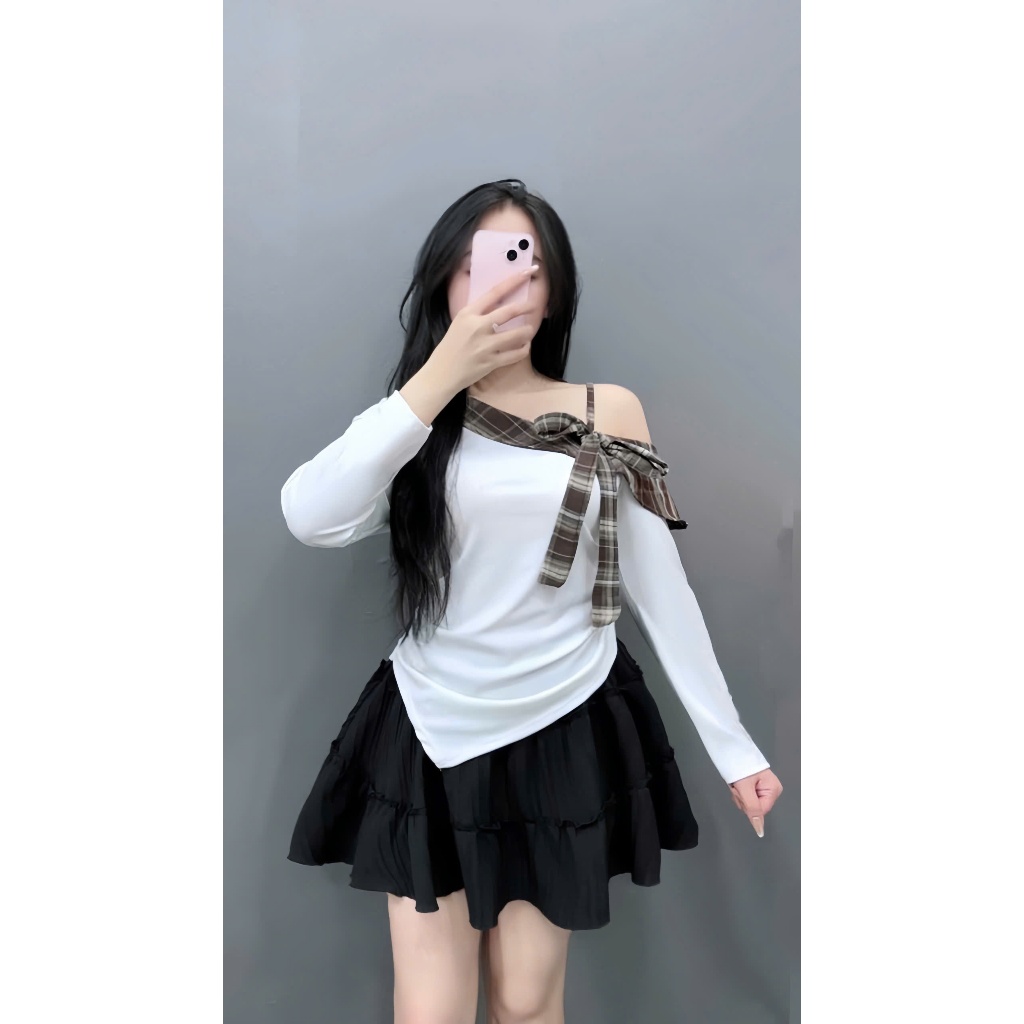Set Áo Thun Lệch Vai Bigsize Nữ Vải Tăm Lạnh Phối Caro Kèm Chân Váy Xòe Xốp Đôi A333+CV409