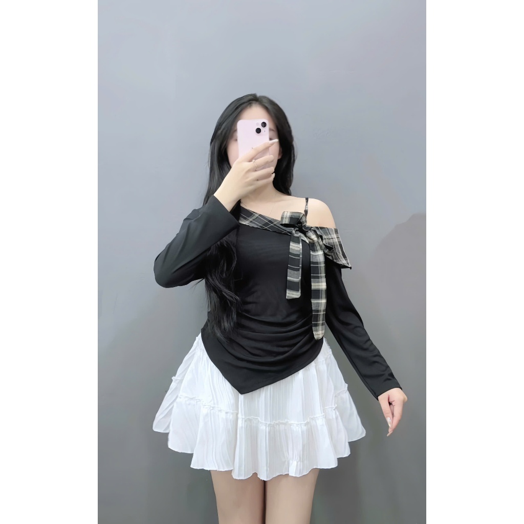Set Áo Thun Lệch Vai Bigsize Nữ Vải Tăm Lạnh Phối Caro Kèm Chân Váy Xòe Xốp Đôi A333+CV409