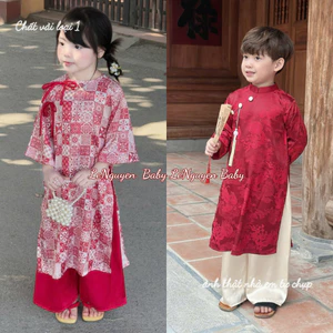 LeNguyenBaby Áo Dài Bé Gấm Hoa Đỏ xuân thì Chất Lụa Mềm Mại + gấm Size 7-45kg Thoải Mái Cho Tết Nguyên Đán, đi chùa