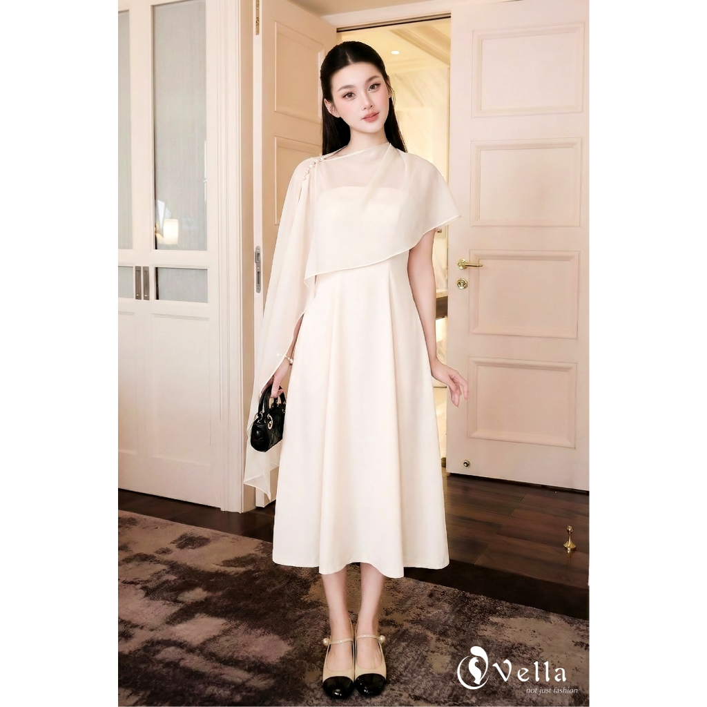 Đầm xòe midi 2 dây khoác áo choàng voan lệch vai dự tiệc màu trắng kem, đen Vella VD25090