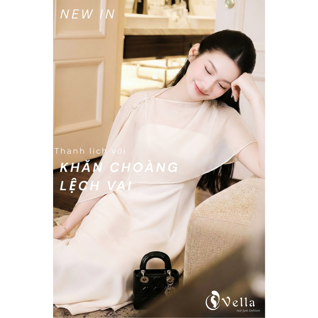 Đầm xòe midi 2 dây khoác áo choàng voan lệch vai dự tiệc màu trắng kem, đen Vella VD25090