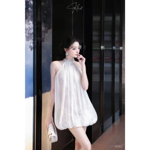 Đầm KHIẾT tơ hàn dáng phồng bí cổ đính đá sang trọng KD63