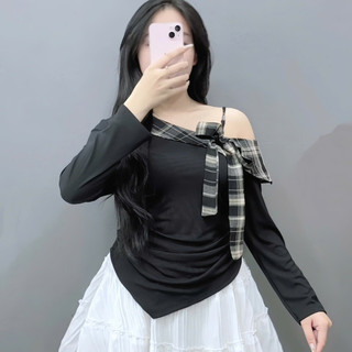 Áo Trễ Vai Bigsize Nữ Tay Dài Phối Nơ Caro Sang Trọng – Che Khuyết Điểm Tốt 58-92kg A333