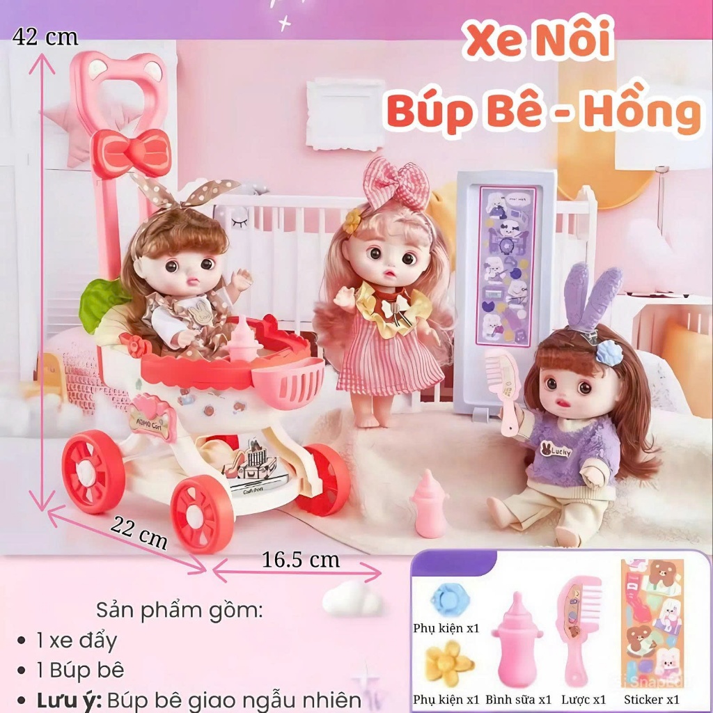 Đồ Chơi Xe Đẩy Búp Bê Kèm Phụ Kiện Chăm Sóc Búp Bê Xe Đẩy Cho Bé Dẫn Búp Bê Đi Dạo - Đồ Chơi Cho Bé PUKAPI