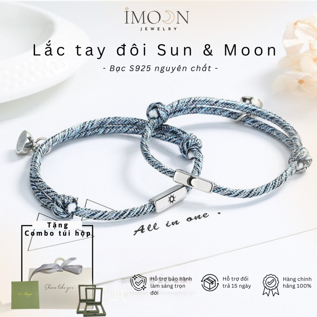 Lắc tay đôi Mặt trăng & Mặt trời charm bạc S925 , vòng tay đôi bạc s925 không gỉ IMOON072