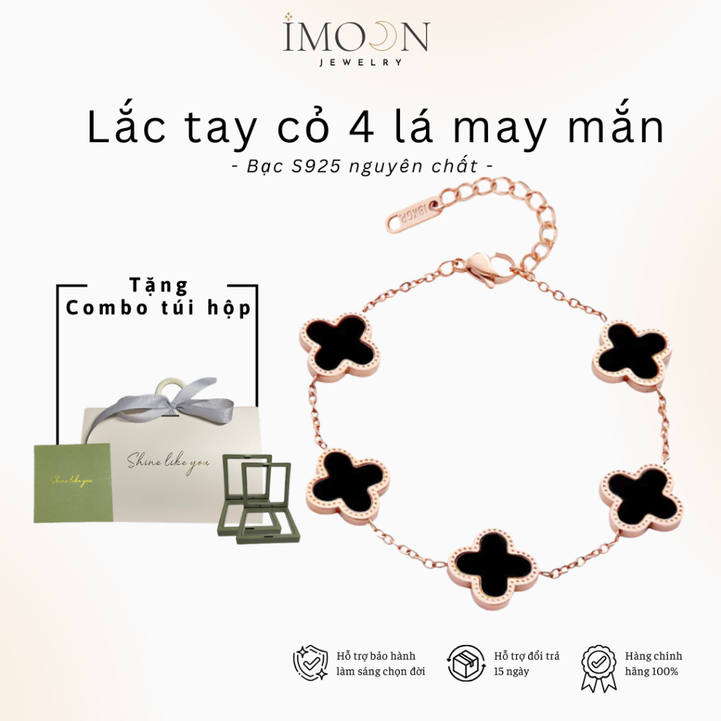 [ HỢP KIM BẠC] Vòng tay nữ IMOON Five Four Leaf Clovers Bracelet Silver , lắc tay cỏ 4 lá IMOON009