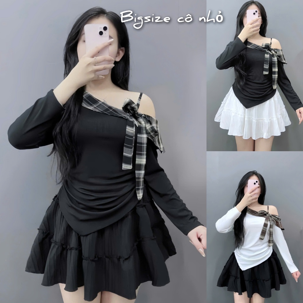 Set Áo Thun Lệch Vai Bigsize Nữ Vải Tăm Lạnh Phối Caro Kèm Chân Váy Xòe Xốp Đôi A333+CV409