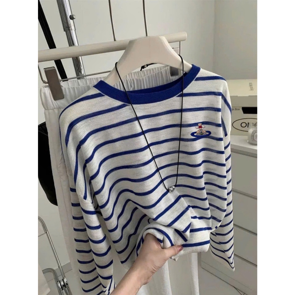 Áo dài tay nữ kẻ sọc ngang màu xanh đậm, dáng rộng basic in hình JULY FASHION, Chất thun xượt, cotton dày dặn mềm mịn