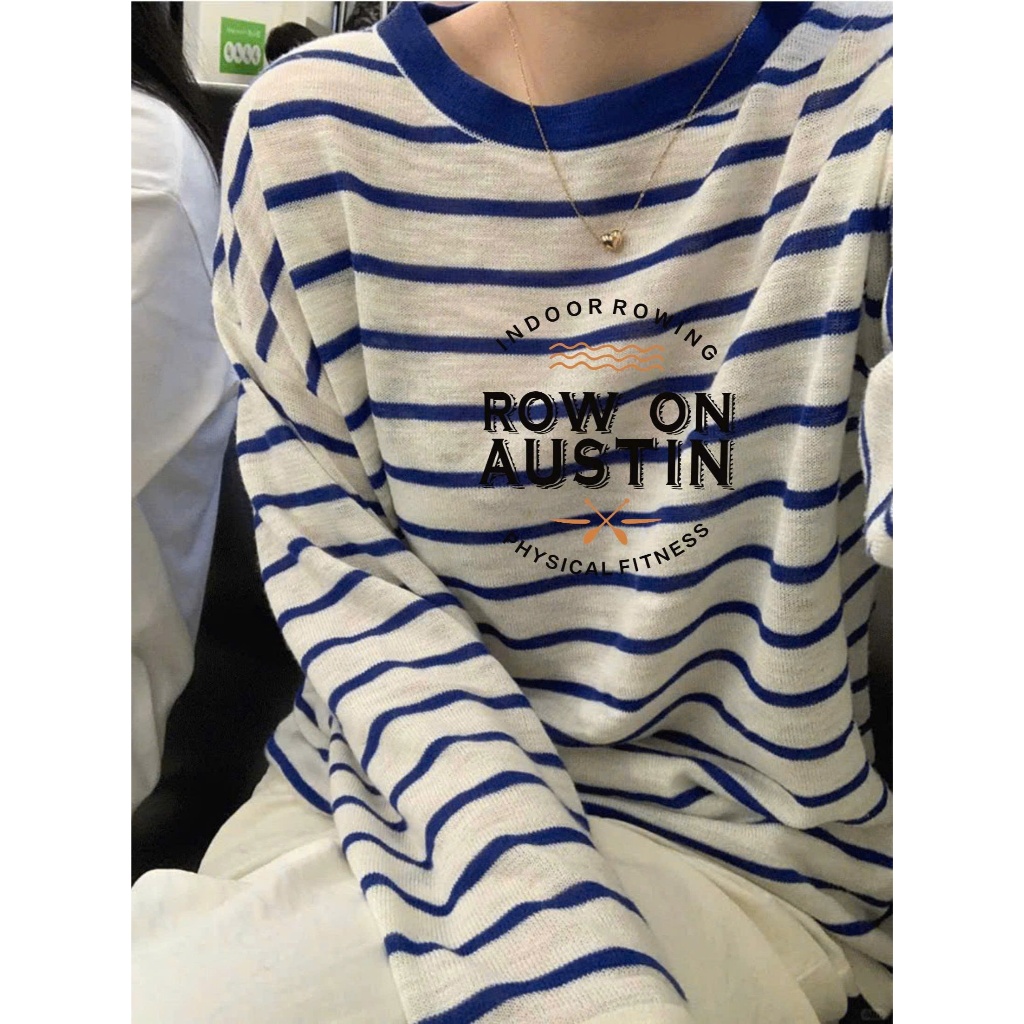 Áo dài tay nữ kẻ sọc ngang màu xanh đậm, dáng rộng basic in hình JULY FASHION, Chất thun xượt, cotton dày dặn mềm mịn