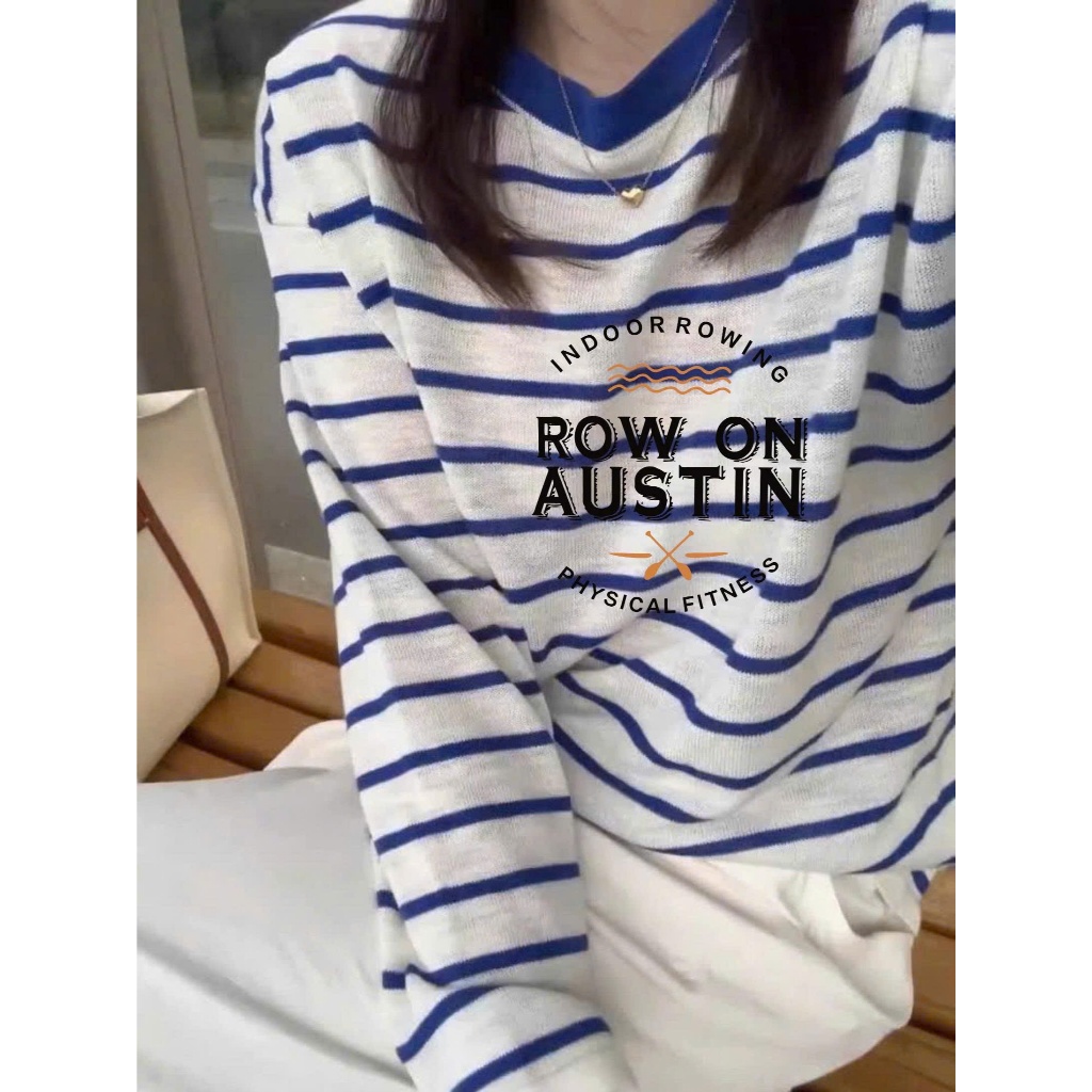 Áo dài tay nữ kẻ sọc ngang màu xanh đậm, dáng rộng basic in hình JULY FASHION, Chất thun xượt, cotton dày dặn mềm mịn