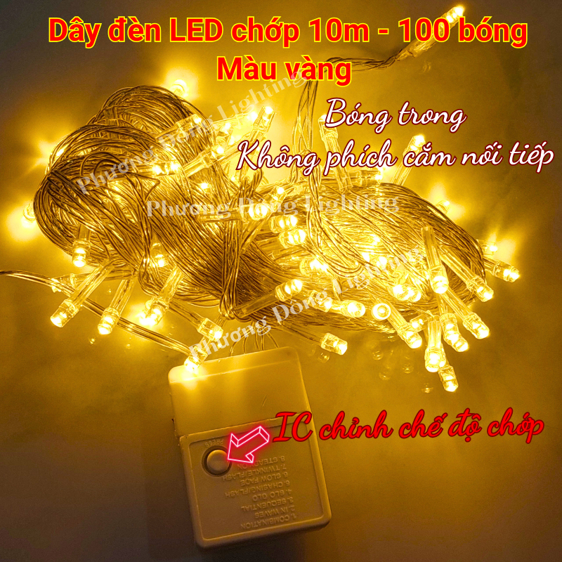 Dây đèn LED chớp 10m - 100 bóng màu Vàng Lá Dương Hồng Đỏ Trang trí Noel Lễ Tết Dùng được ngoài trời