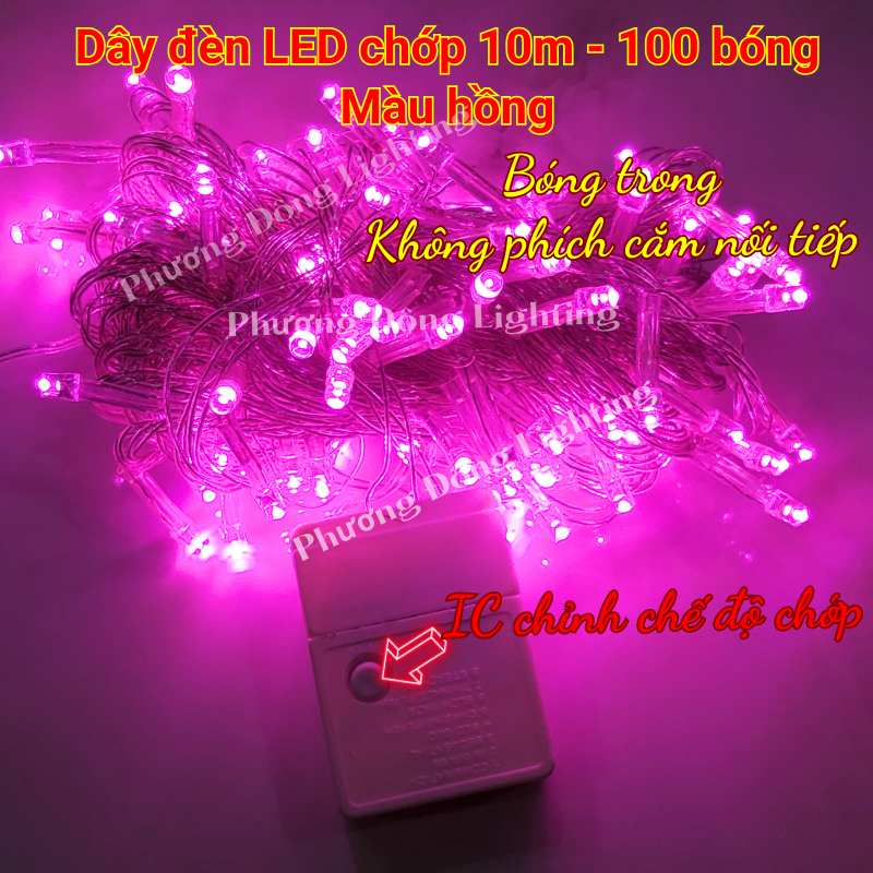 Dây đèn LED chớp 10m - 100 bóng màu Vàng Lá Dương Hồng Đỏ Trang trí Noel Lễ Tết Dùng được ngoài trời