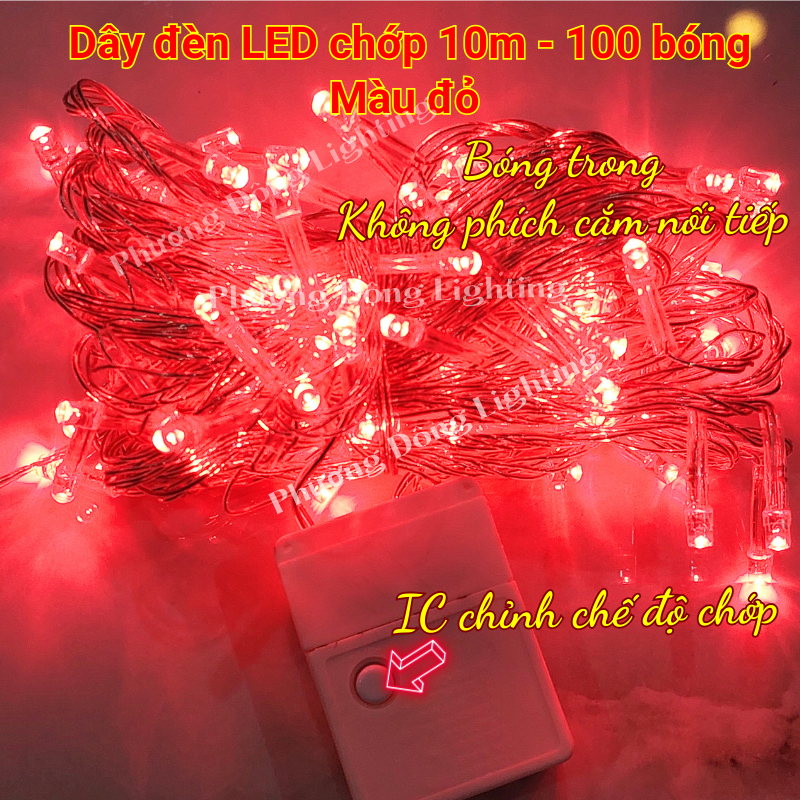 Dây đèn LED chớp 10m - 100 bóng màu Vàng Lá Dương Hồng Đỏ Trang trí Noel Lễ Tết Dùng được ngoài trời