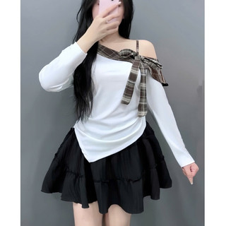 Sét Áo Trễ Vai Bigsize Nữ Tay Dài Phối Nơ Caro Mix Chân váy Sang Trọng 58-92kg A333+CV409