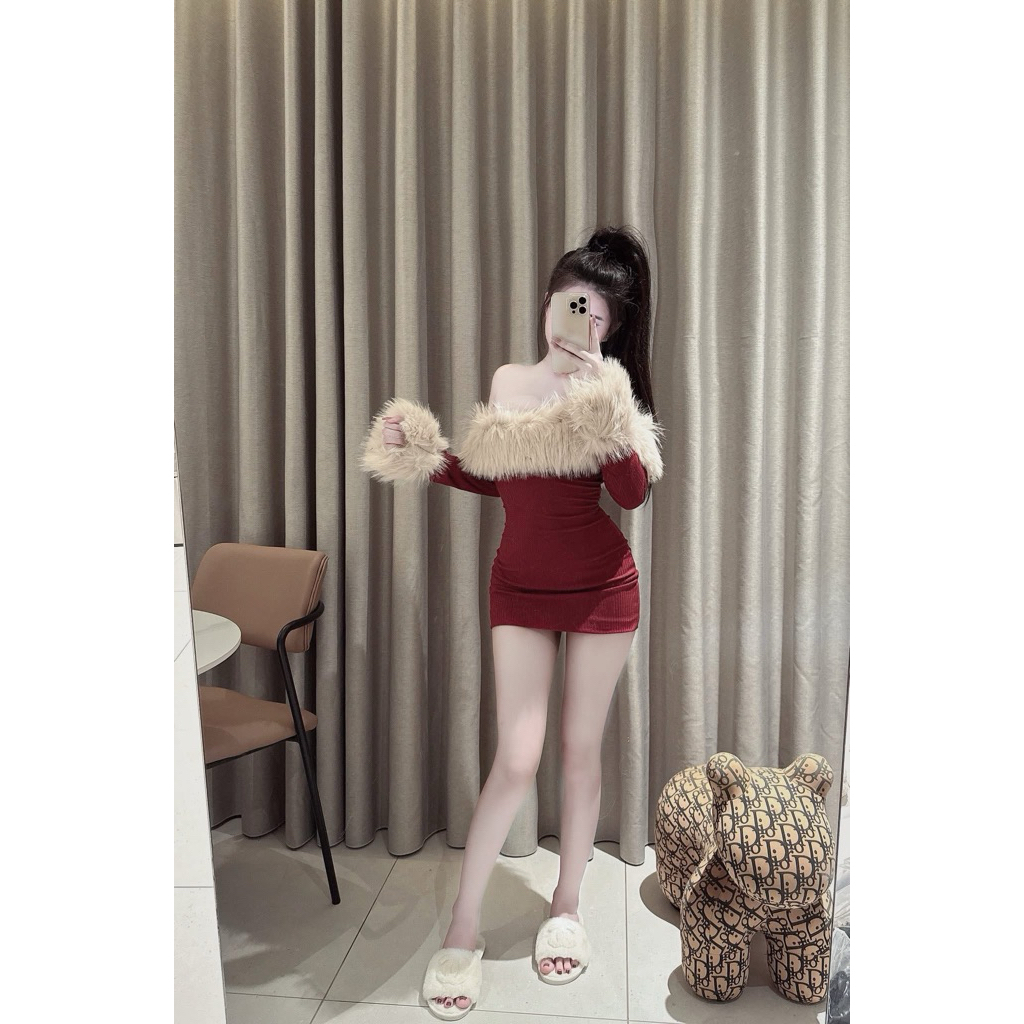 Đầm body len trễ vai phối lông siu sang tôn dáng