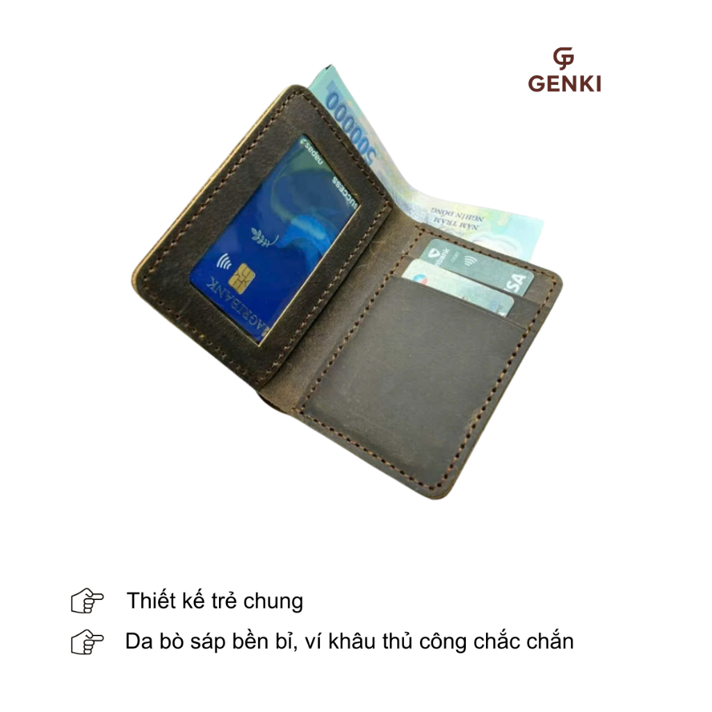 Ví Nam Đứng GENKI LEATHER,da bò sáp, kích thước 9x11.5cm, khâu thủ công tỉ mỉ