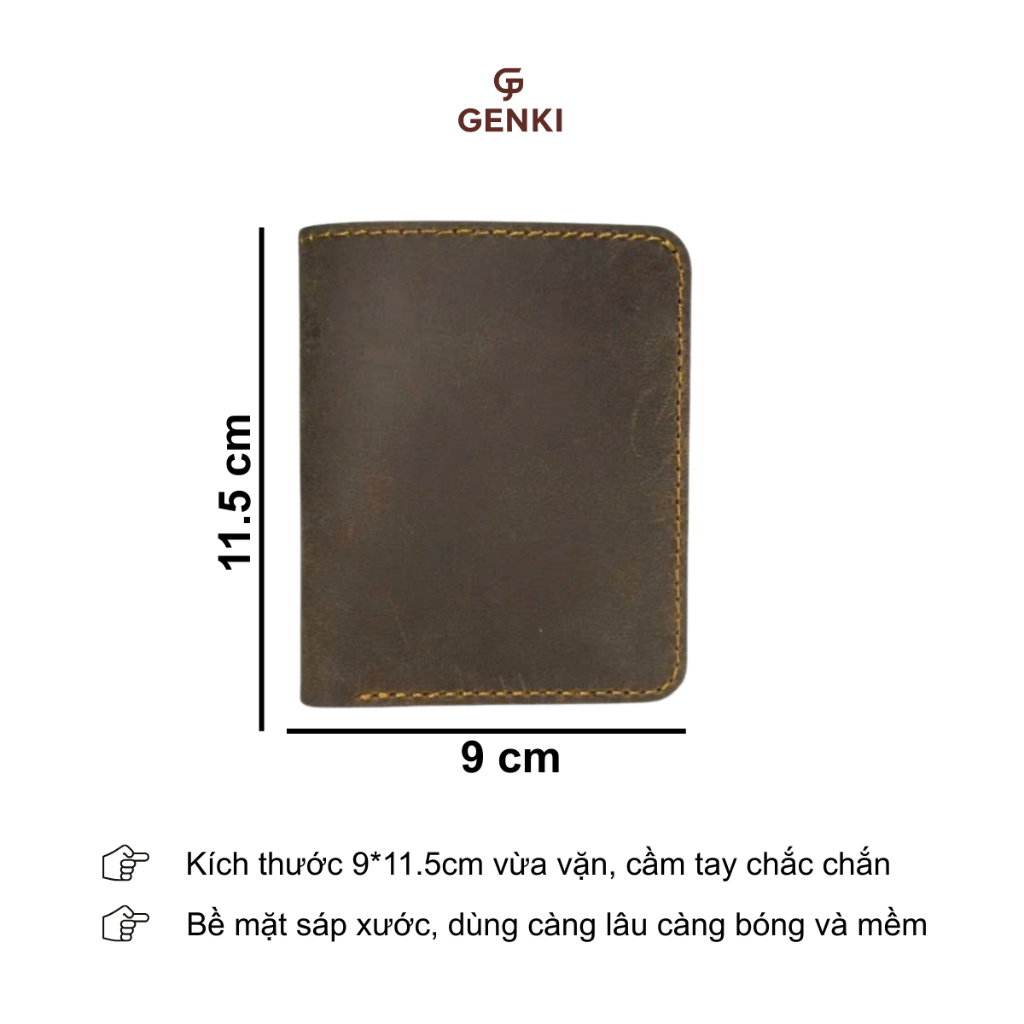 Ví Nam Đứng GENKI LEATHER,da bò sáp, kích thước 9x11.5cm, khâu thủ công tỉ mỉ