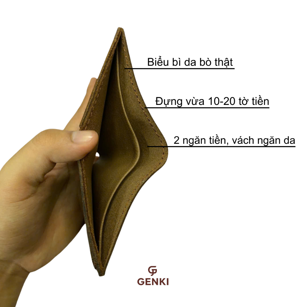 Ví Nam Đứng GENKI LEATHER,da bò sáp, kích thước 9x11.5cm, khâu thủ công tỉ mỉ
