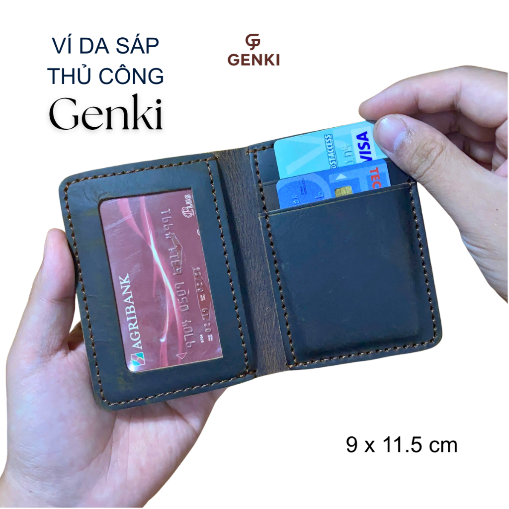 Ví Nam Đứng GENKI LEATHER,da bò sáp, kích thước 9x11.5cm, khâu thủ công tỉ mỉ