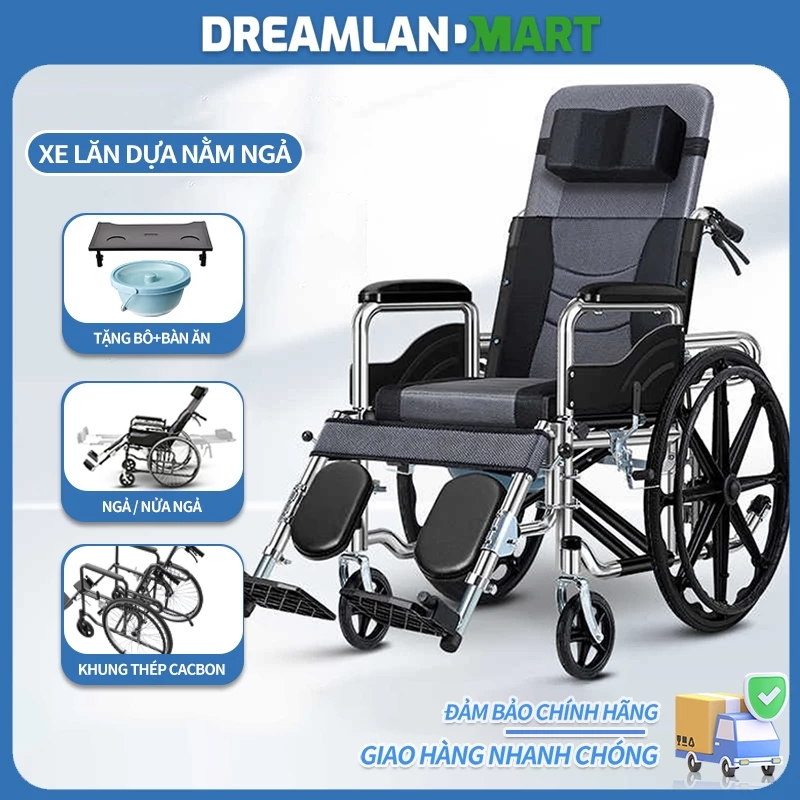 Xe lăn tay ngã lưng, có đệm và bô vệ sinh Xe lăn,đa năng - Có thể ngã thành giường