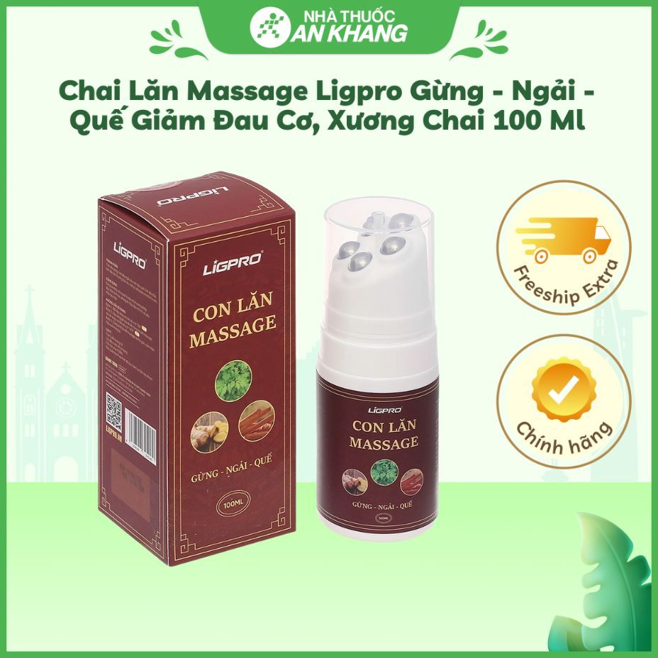 Chai lăn massage Ligpro gừng - ngải - quế giảm đau cơ, xương chai 100 ml