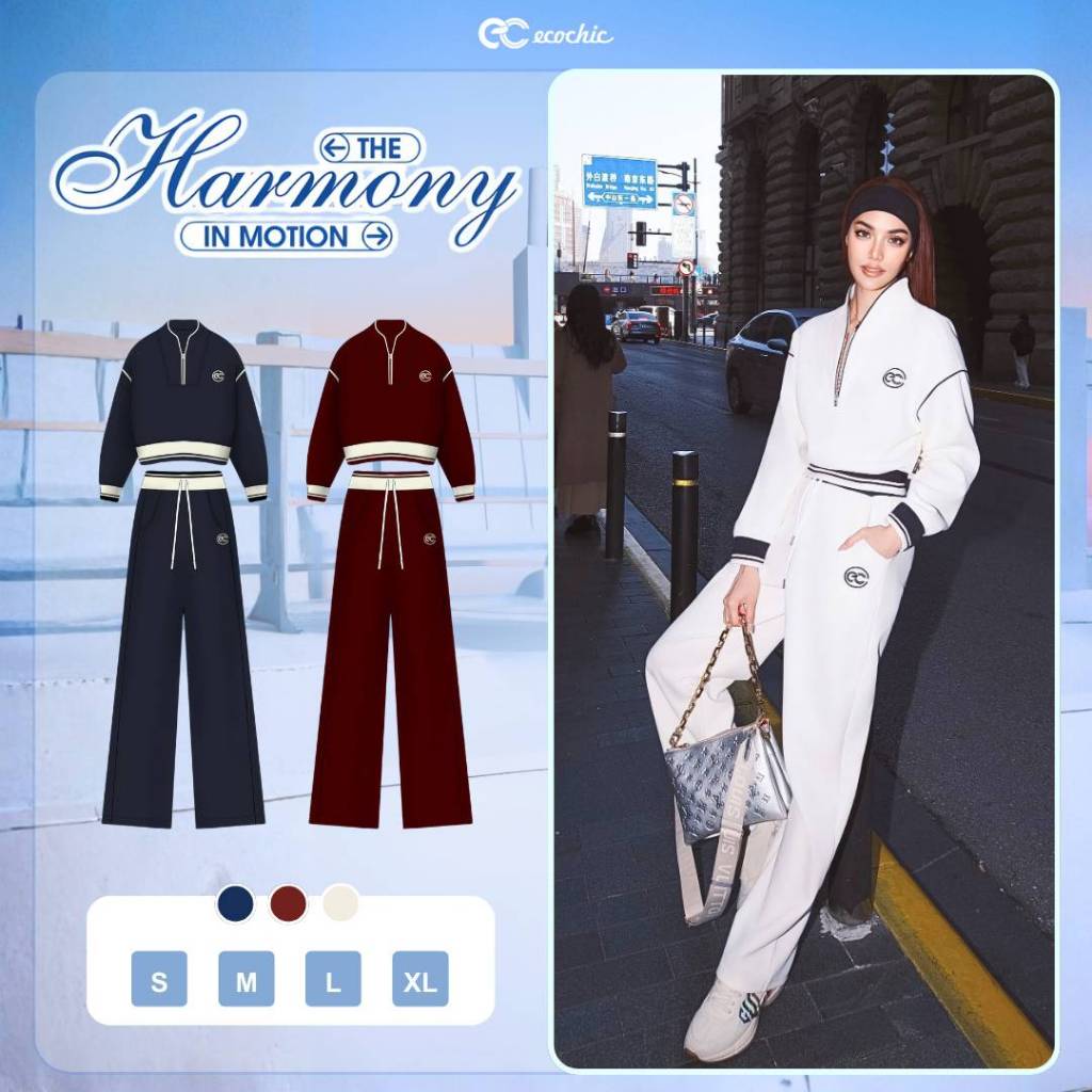 Set Bộ ECOCHIC Áo Crop Nỉ Mịn Cổ Khoá Zip Quần Ống Suông Cao Cấp Mềm Mịn Chính Hãng HNH B205