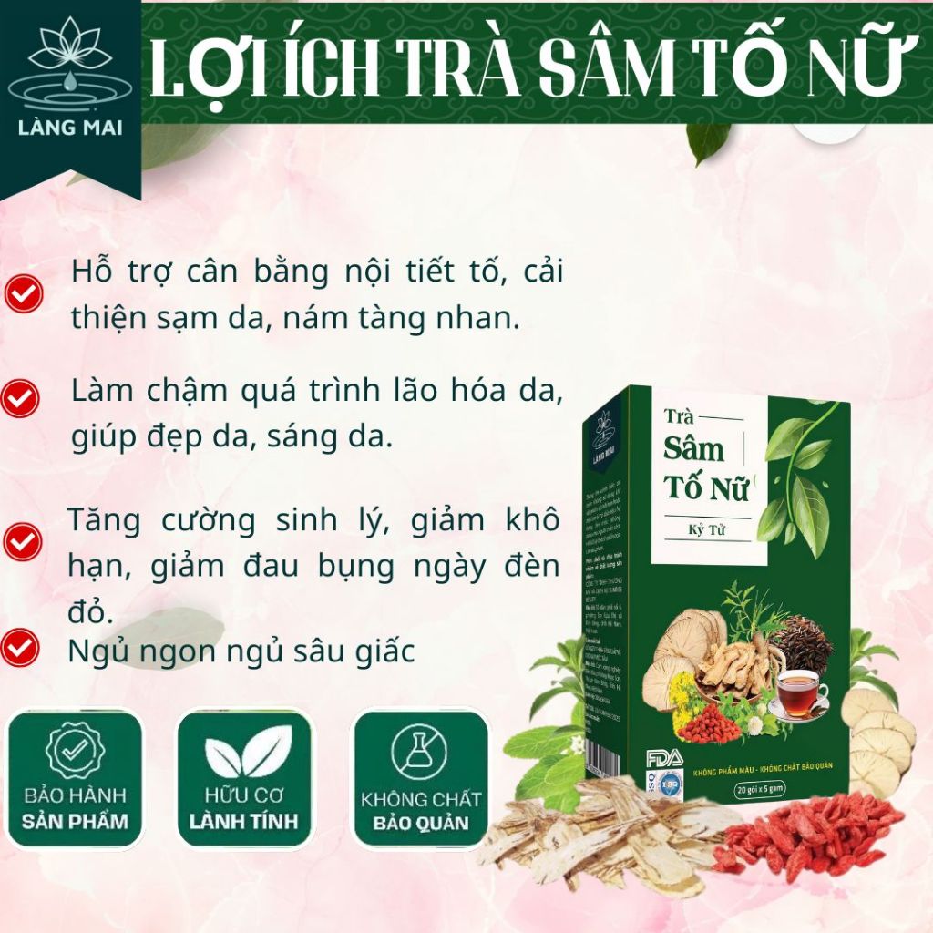 Trà Cân Bằng Nội Tiết Tố - Làng Mai - Sâm Tố Nữ Kỳ Tử 7 Vị Đẹp Dáng, Đẹp Da. Hộp 20 gói