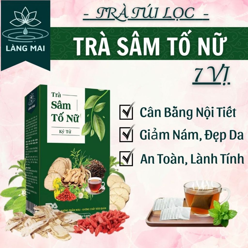 Trà Cân Bằng Nội Tiết Tố - Làng Mai - Sâm Tố Nữ Kỳ Tử 7 Vị Đẹp Dáng, Đẹp Da. Hộp 20 gói