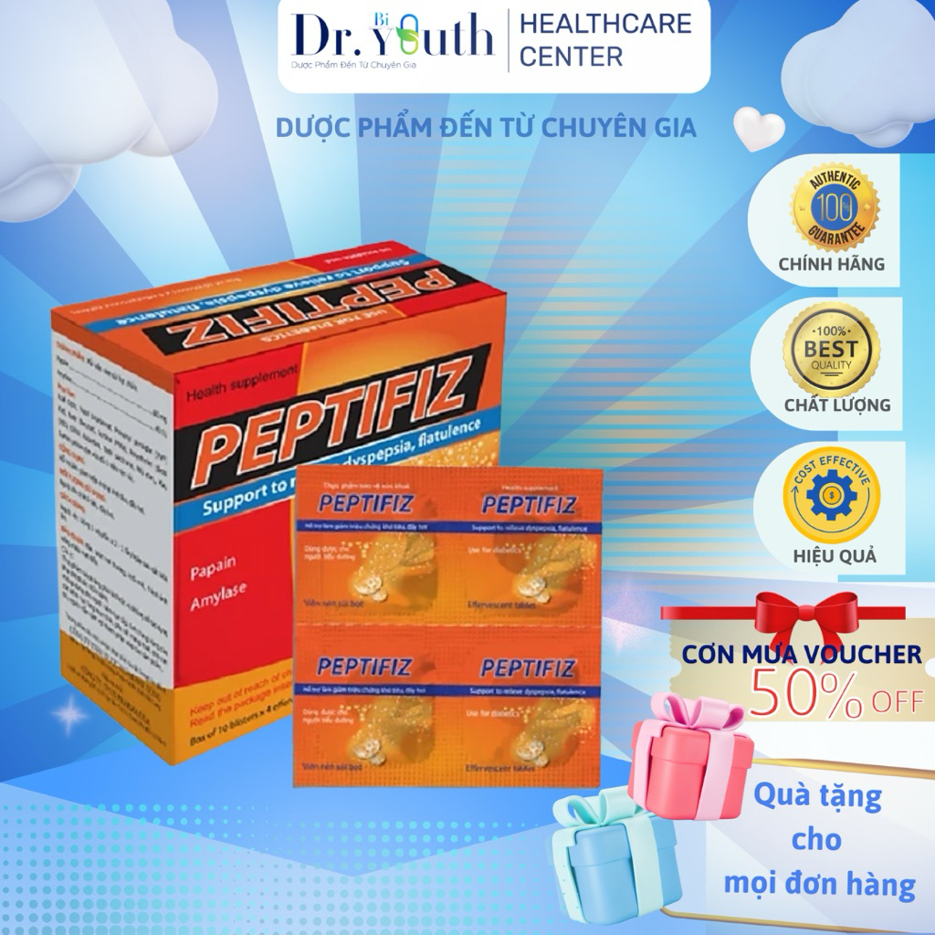 Viên sủi US Pharma Peptifiz giảm đau bao tử dạ dày ợ hơi chua nóng rát, khó tiêu ăn kém (hộp 40 viên)