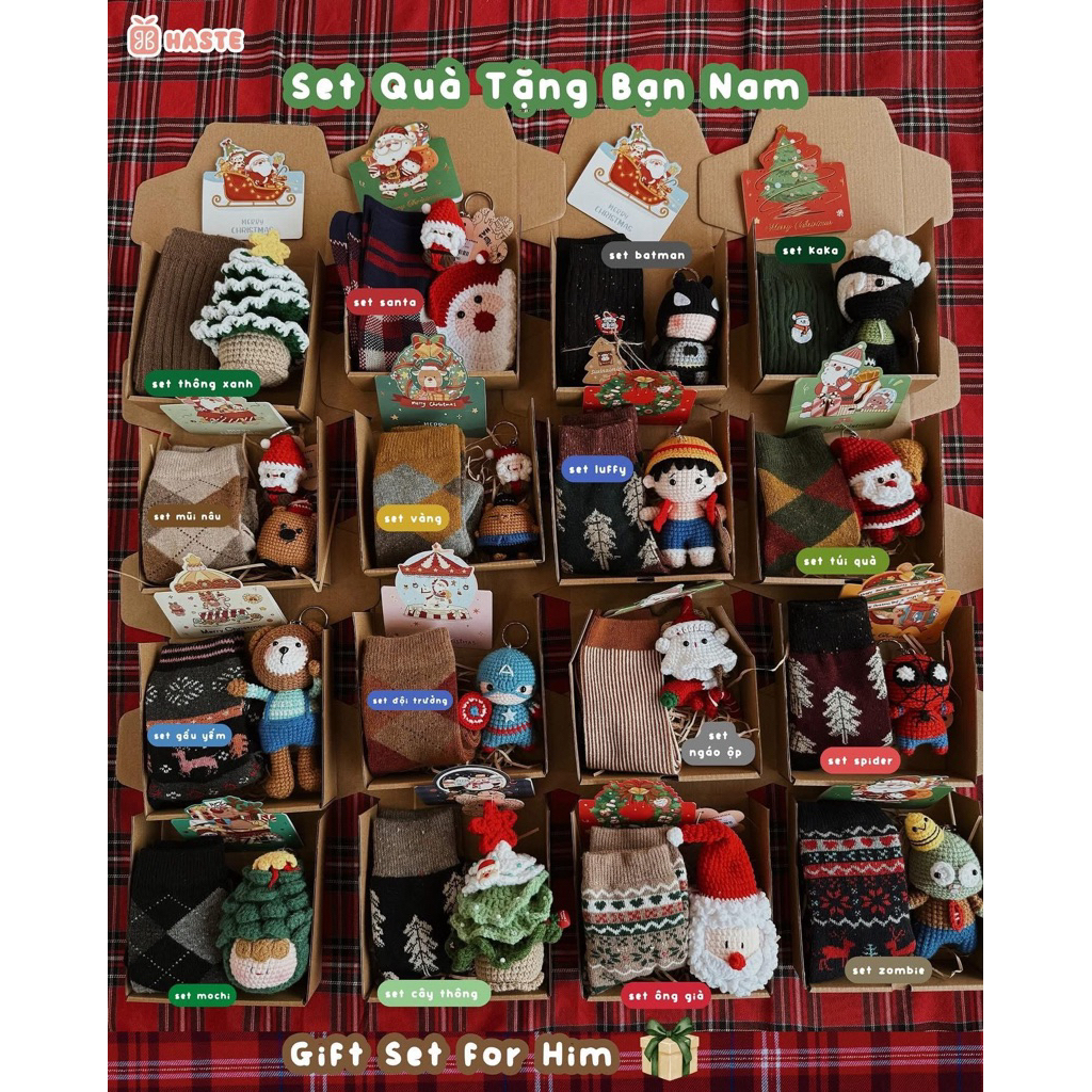 [KÈM THIỆP] Set Quà Tặng Bạn Nam Sinh Nhật Móc Khoá Tất Vớ Cổ Cao Cây Thông Noel Giáng Sinh Made by Haste
