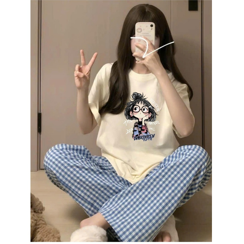 Sét bộ nữ Quần dài kẻ Caro Áo thun Cotton in hình, Đồ bộ mặc nhà Nữ Quần dài, áo ngắn tay dể thương