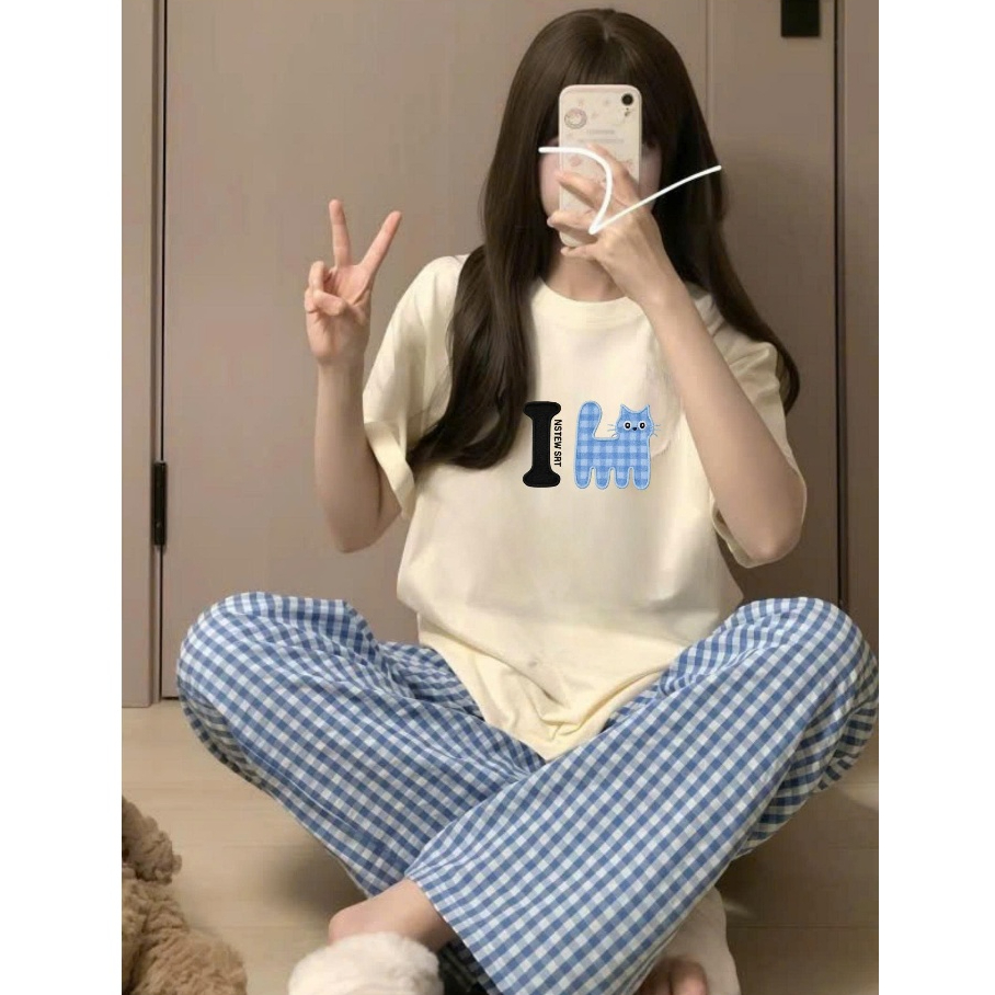 Sét bộ nữ Quần dài kẻ Caro Áo thun Cotton in hình, Đồ bộ mặc nhà Nữ Quần dài, áo ngắn tay dể thương