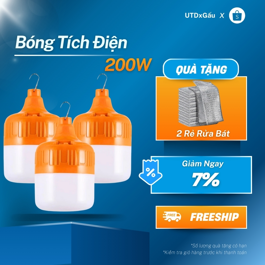 Bóng đèn tích điện công suất 200W, chống nước, sạc USB tiện lợi 2025