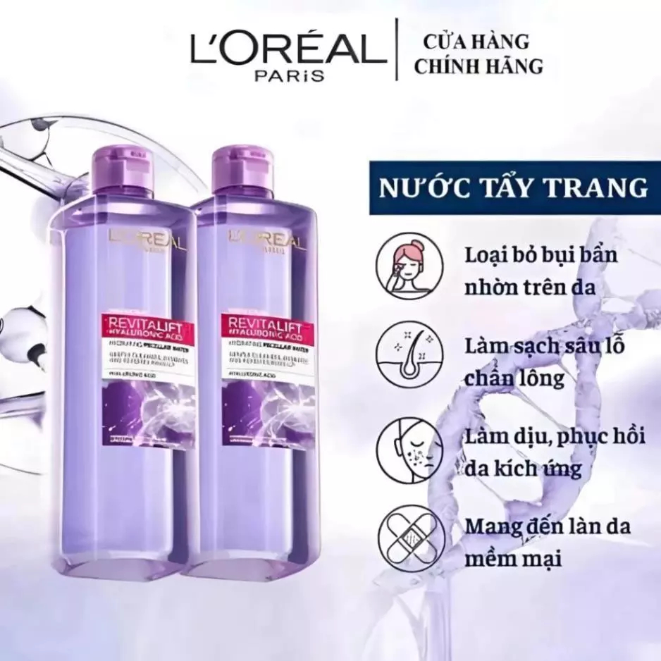 [MUA 1 TẶNG 1] Nước tẩy trang Loreal Tím 400ml L'Oreal Revitalift HA Hyaluronic Acid Giảm Dầu Mụn, Cấp Ẩm