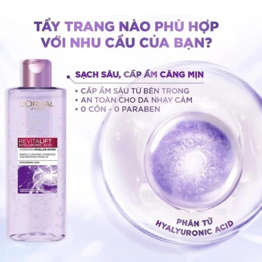 [MUA 1 TẶNG 1] Nước tẩy trang Loreal Tím 400ml L'Oreal Revitalift HA Hyaluronic Acid Giảm Dầu Mụn, Cấp Ẩm