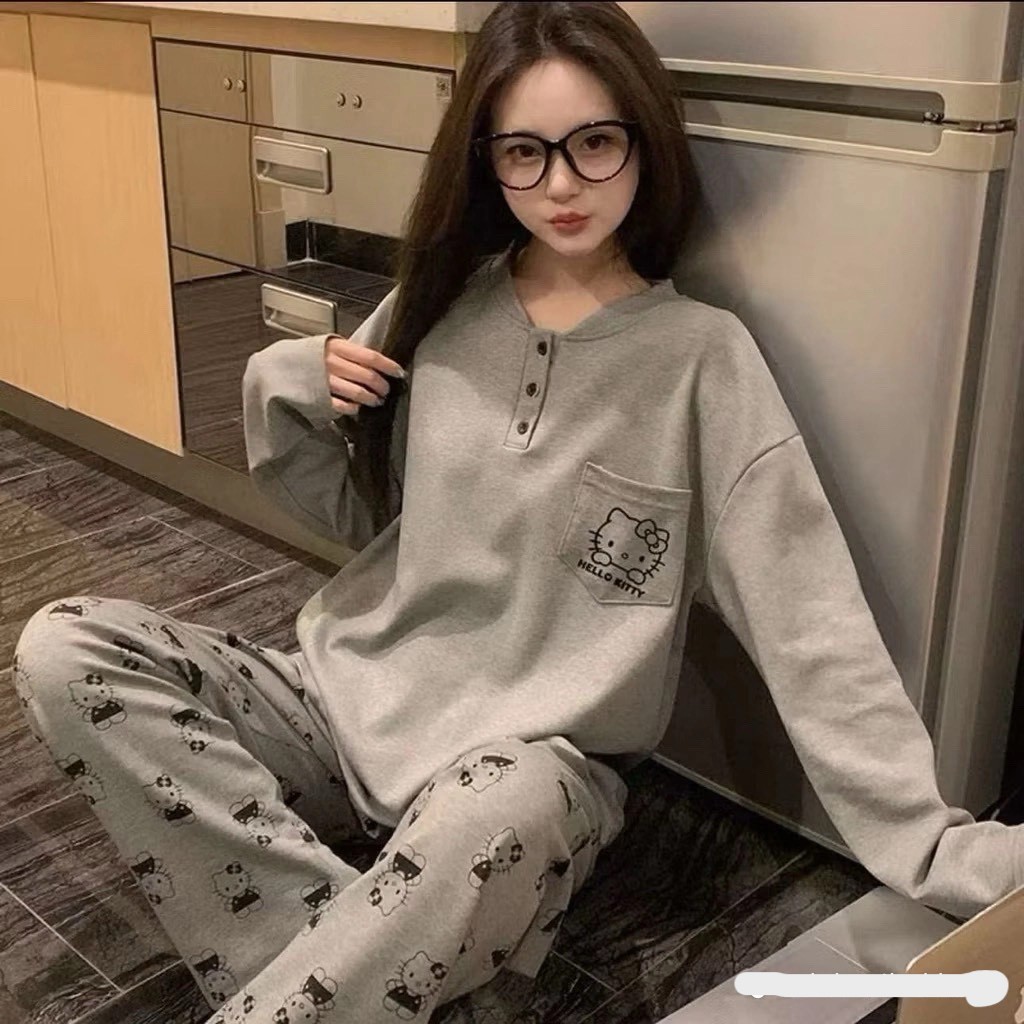 Sét bộ thun Mèo KITTY phối cúc cổ From dáng rộng xinh xắn dễ thương-Sét bộ đồ pijama siêu cute